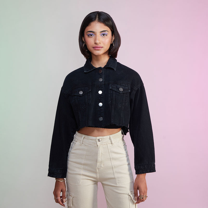 Buy Women Cropped Denim Jacket long sleeve distressed fringe jean coat,  S111 Black, Medium at Amazon.in