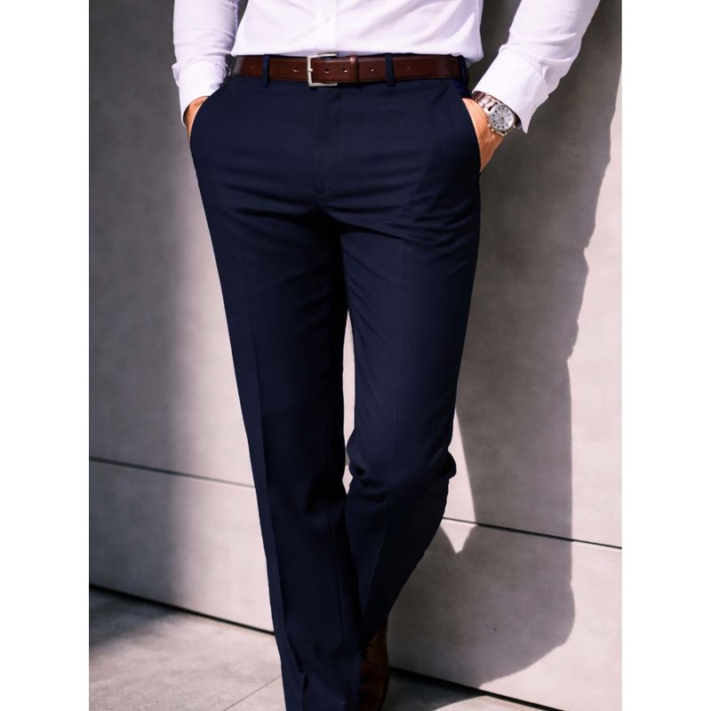 Louis Philippe Men Navy Blue Solid Flat Front Formal Trousers (32)