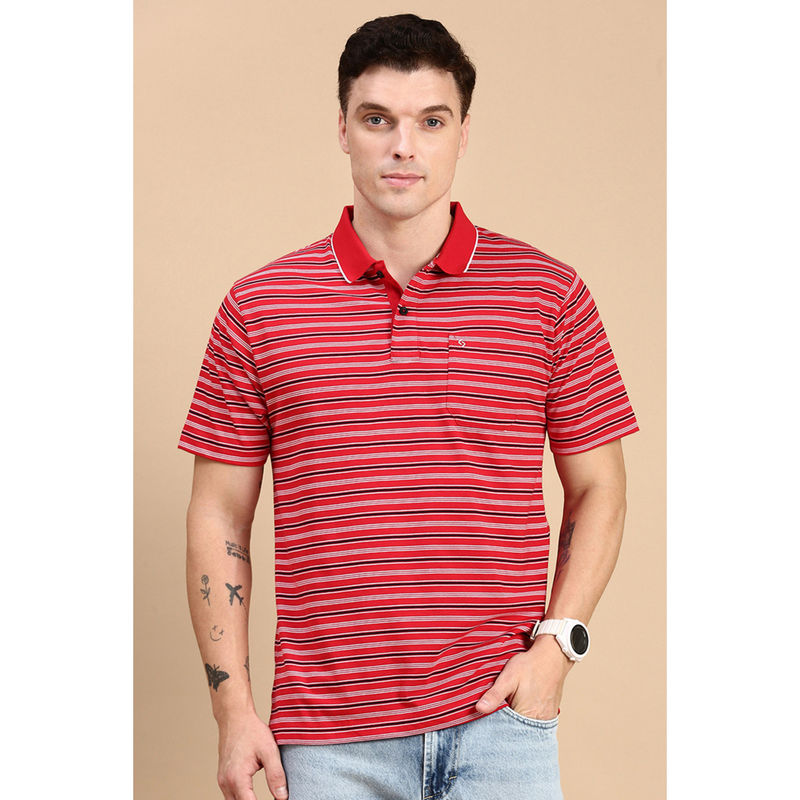 Classic Polo Men Half Sleeves Red Authentic Fit Stripes Polo T-Shirt (L)