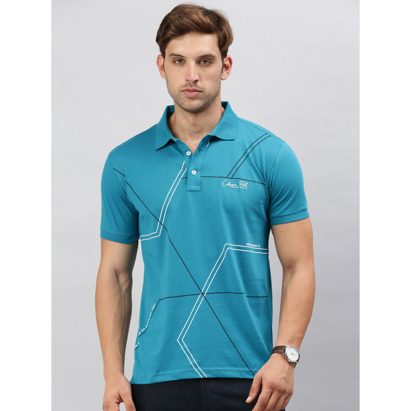 Classic Polo Men Half Sleeves Blue Slim Fit Printed Polo T-Shirt (XL)