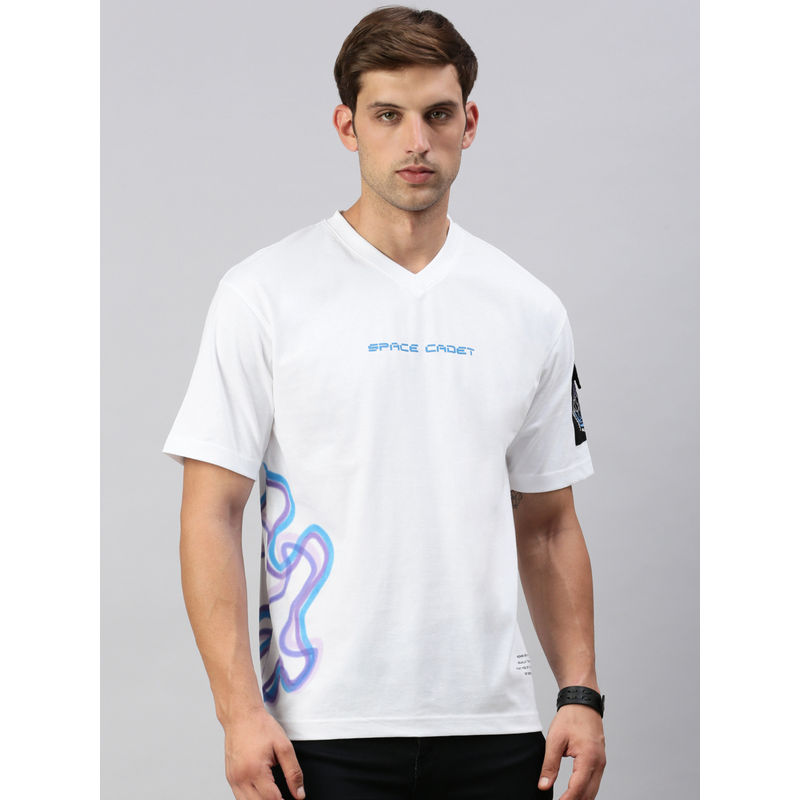 Classic Polo Men Half Sleeves White V-Neck Slim Fit Printed Oversized T-Shirt (M)