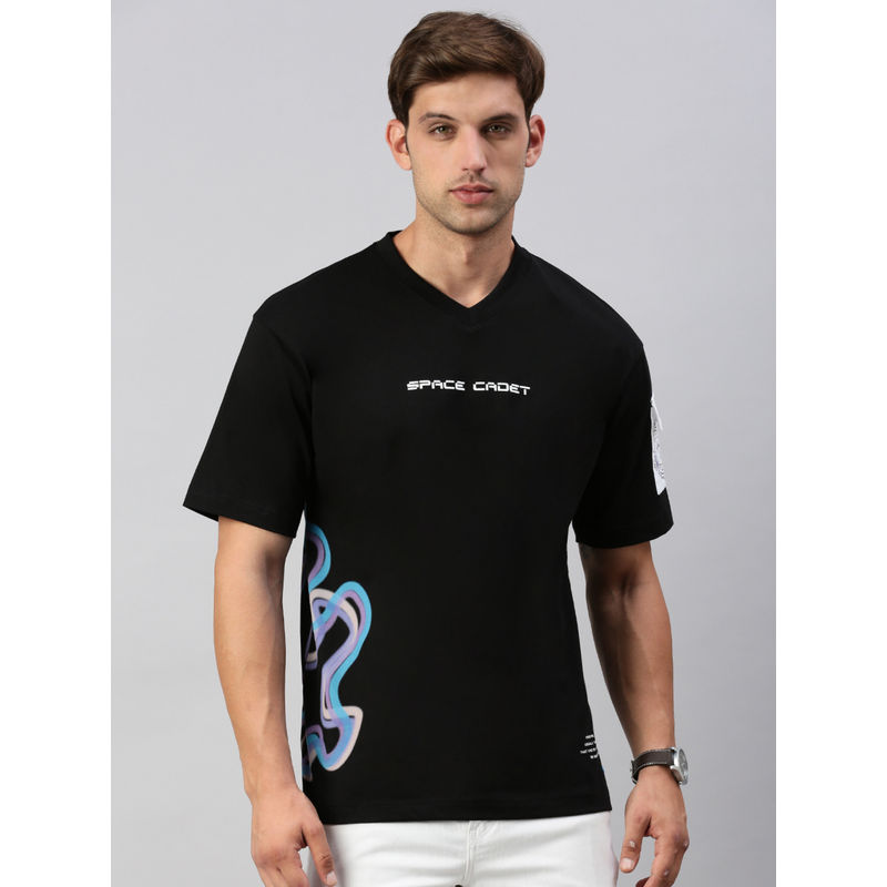 Classic Polo Men Half Sleeves Black V-Neck Slim Fit Printed Oversized T-Shirt (M)