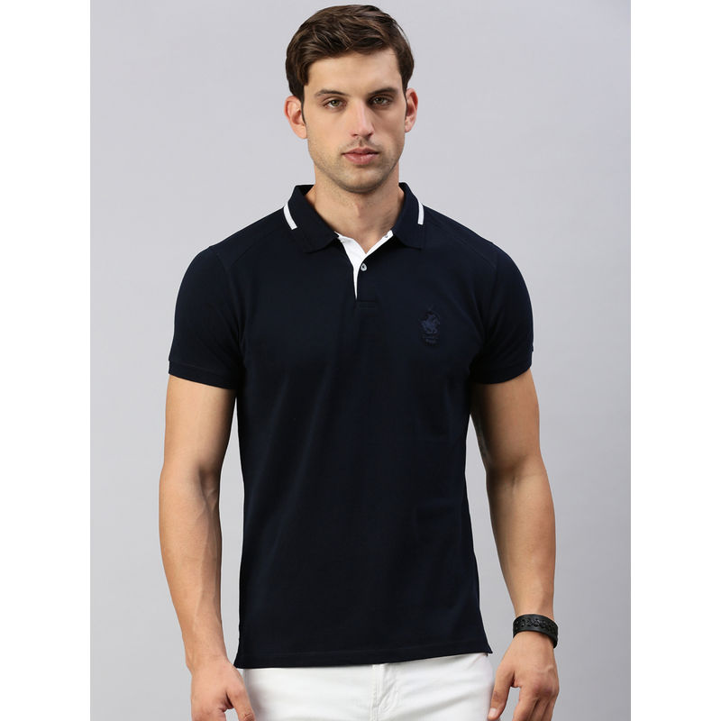 Classic Polo Men Half Sleeves Navy Blue Slim Fit Solid Polo T-Shirt (M)