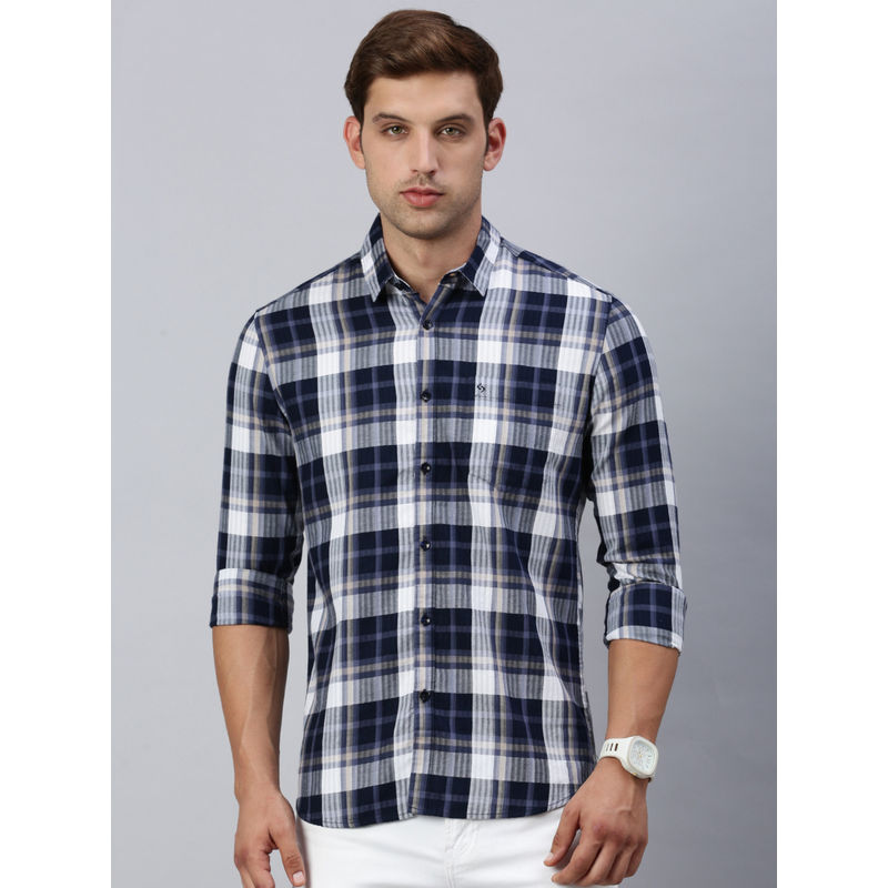 Classic Polo Men Full Sleeves Navy Blue White Slim Fit Checks Casual Shirt (M)