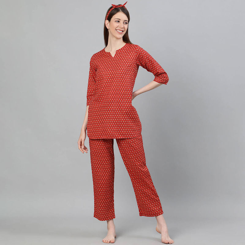 Jaipur Kurti Women Rust Ethnic Print Straight Cotton Short Kurta With Pyjamas (Set Of 2) (S)