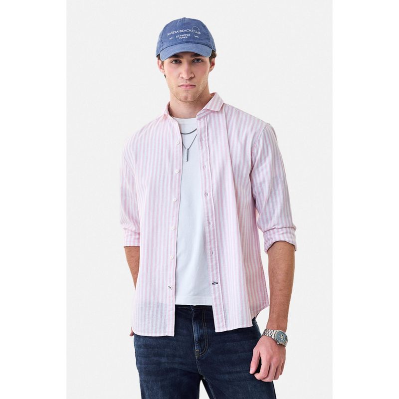 Snitch Pink Stripes Full Sleeves Regular Semi Formal Shirt for Men (XS)