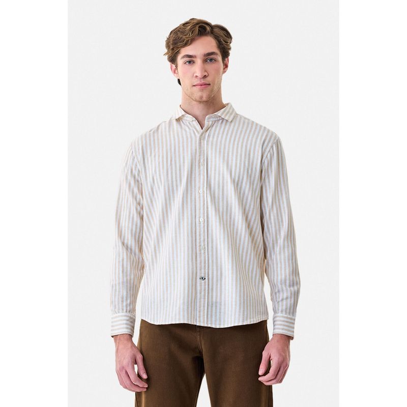Snitch Beige Stripes Full Sleeves Regular Semi Formal Shirt for Men (XL)