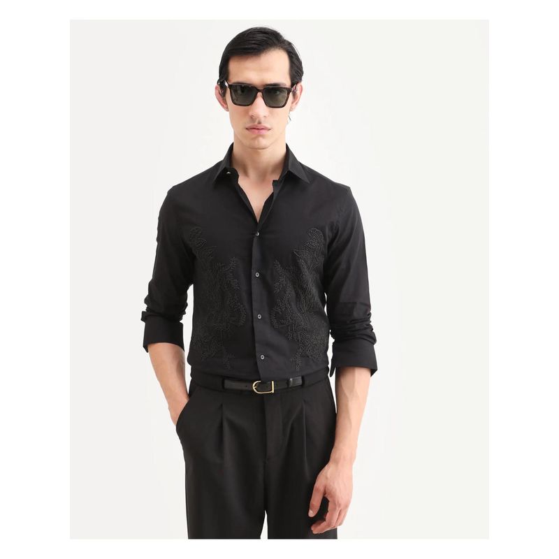 Rare Rabbit Men's Dori Black Cotton Fabric Collared Neck Embroidered Shirt (S)