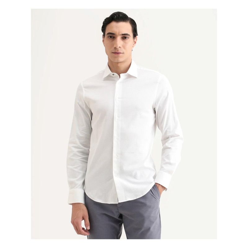 Rare Rabbit Men's Garahs White Cotton Blend Fabric Full Sleeve Regular Fit Plain Shirt (M)