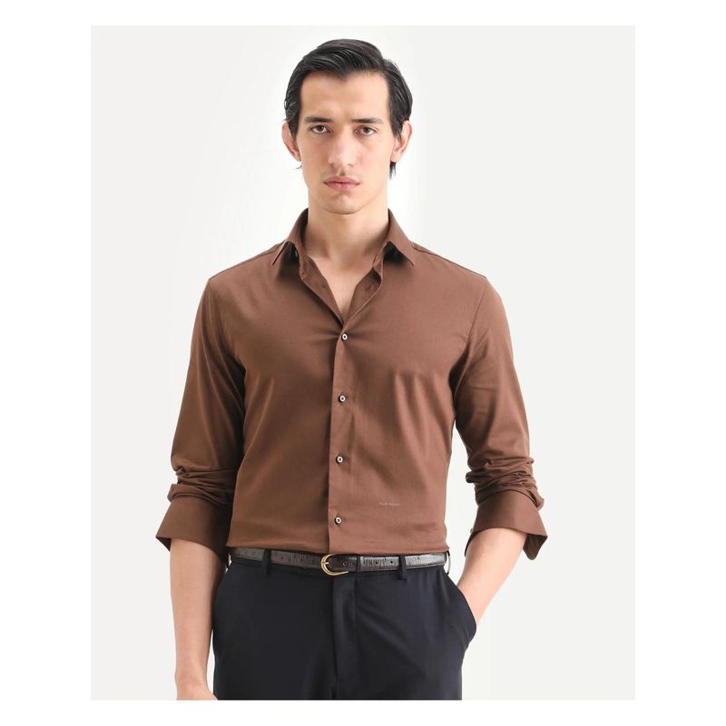 Rare Rabbit Men's Holla-Ss26 Brown Cotton Blend Fabric Spread Collar Plain Shirt (S)