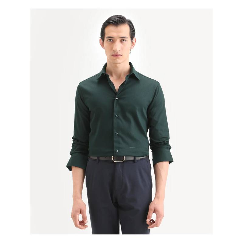 Rare Rabbit Men's Holla-Ss26 Dark Green Cotton Fabric Spread Collar Plain Shirt (L)