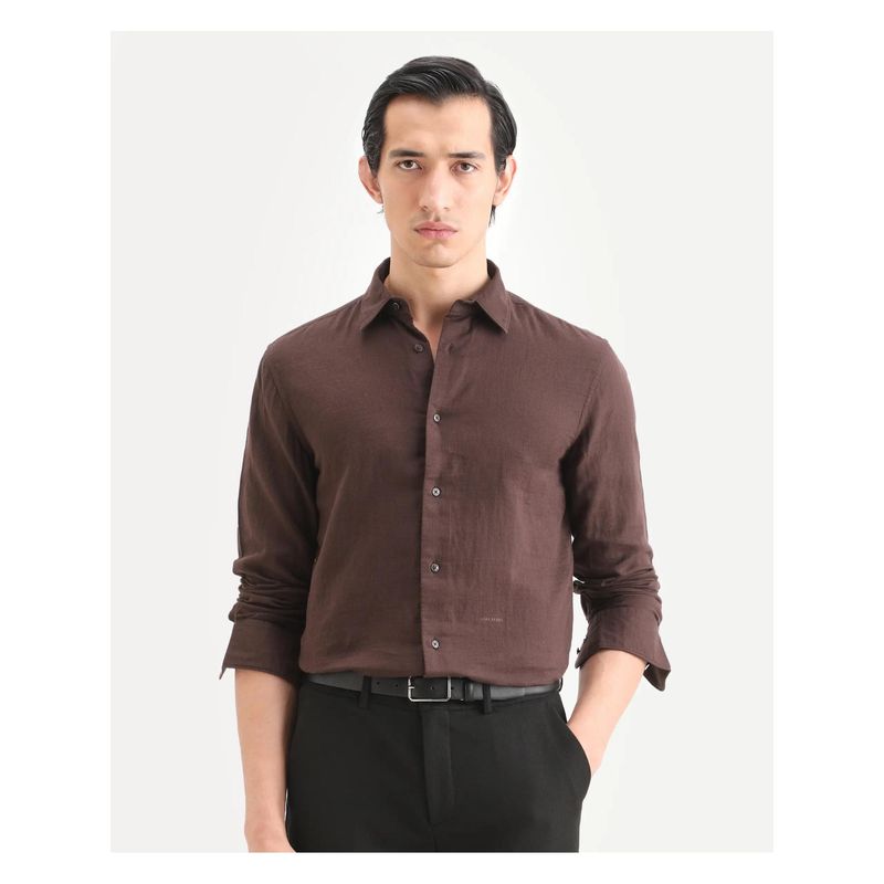 Rare Rabbit Men's Layer-Ls Brown Cotton Fabric Spread Collar Plain Shirt (S)