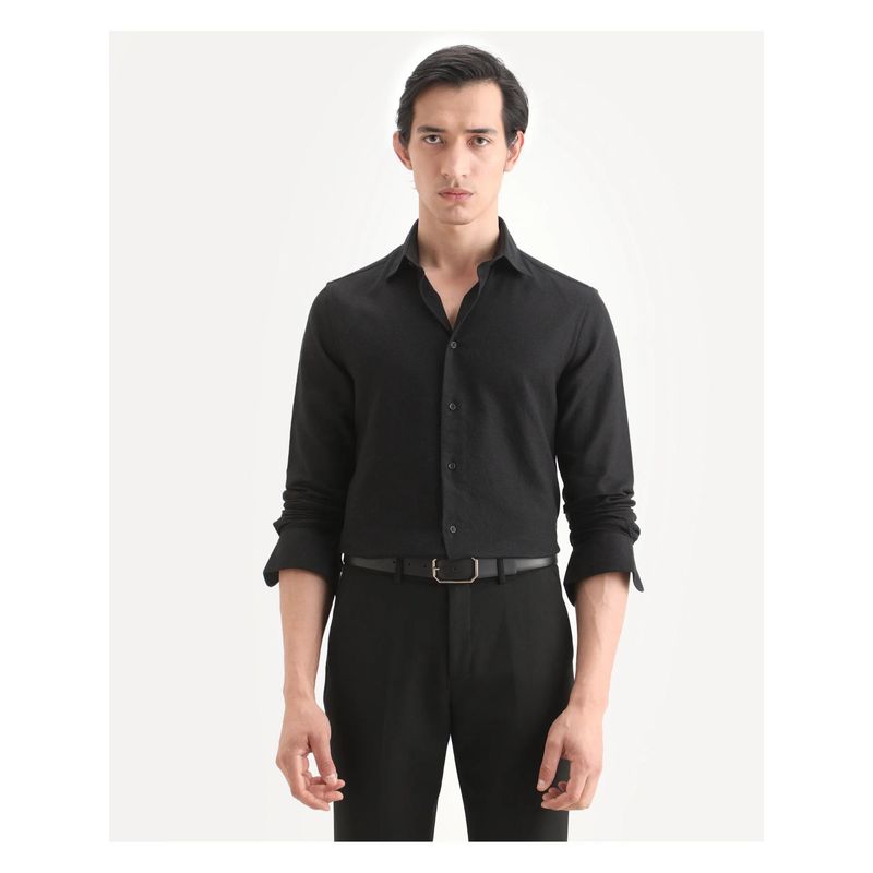 Rare Rabbit Men's Leven Black Cotton Fabric Spread Collar Regular Fit Plain Shirt (XS)