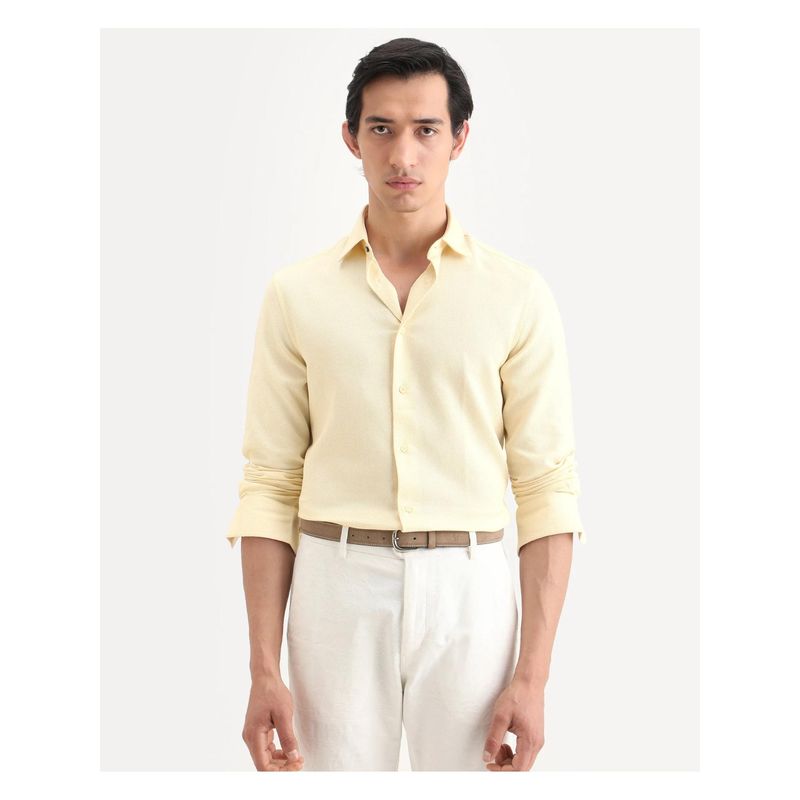 Rare Rabbit Men's Leven Light Yellow Cotton Fabric Spread Collar Regular Fit Plain Shirt (S)