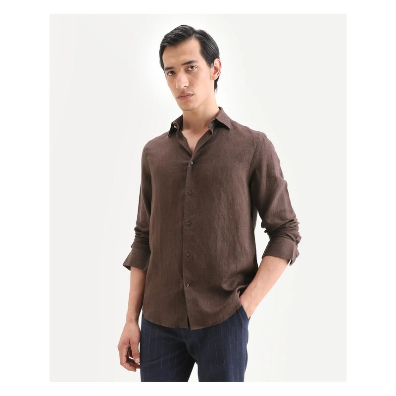 Rare Rabbit Men's Linex Ls Dark Brown Linen Blend Fabric Spread Collar Plain Shirt (S)