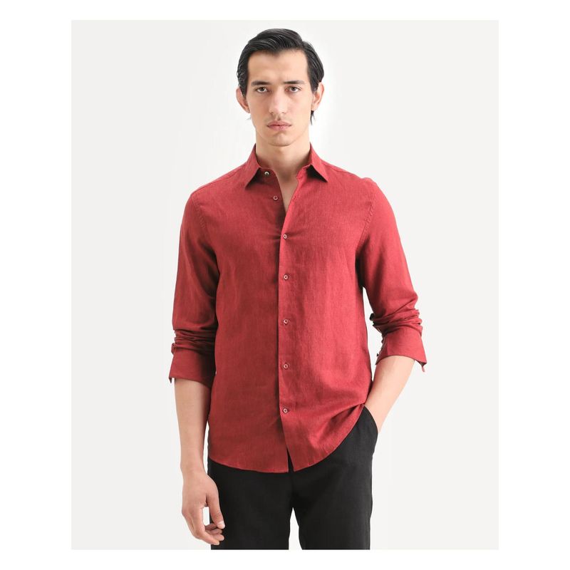 Rare Rabbit Men's Linex Ls Red Linen Blend Fabric Spread Collar Plain Shirt (S)