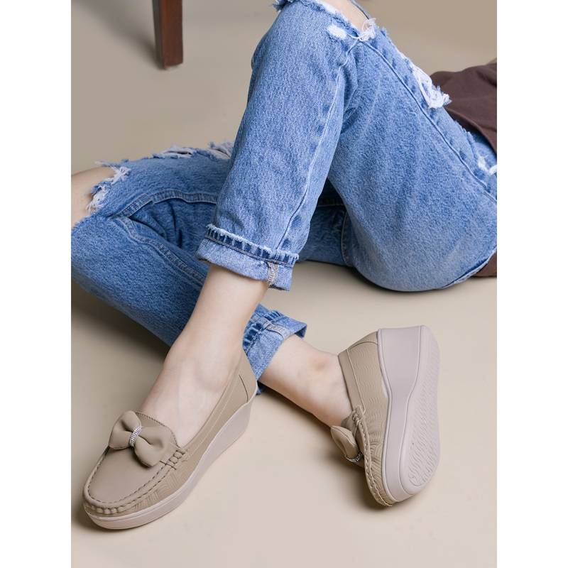 Shoetopia Upper Bow Detailed Beige Loafers for Women (EURO 37)
