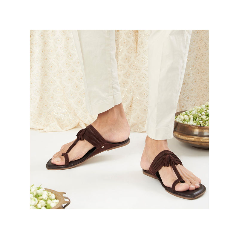 SKO Men Brown Suede Kolhapuri Slippers (UK 8)