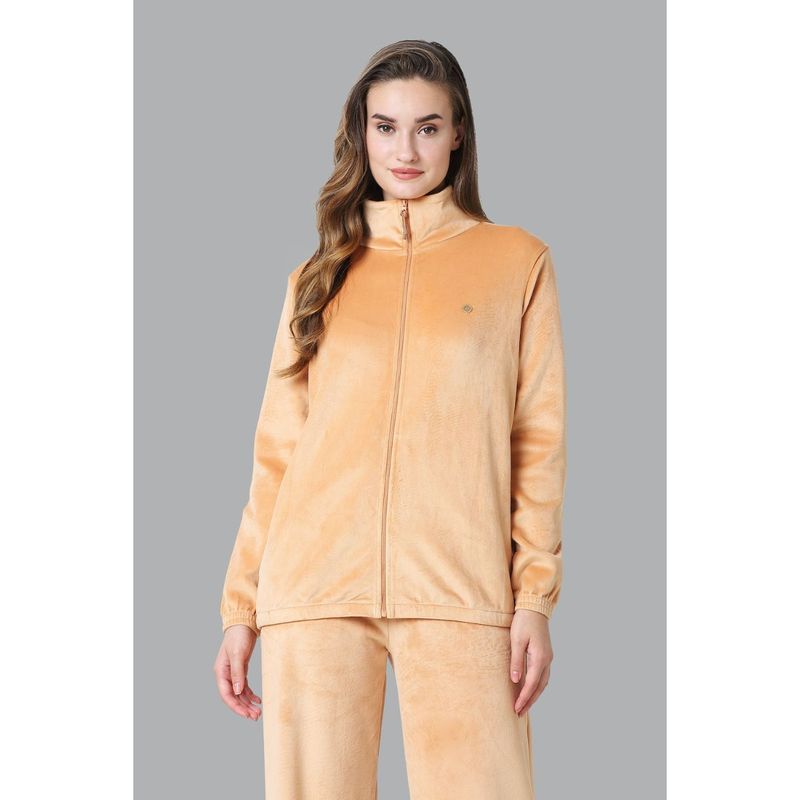 Van Heusen Woman Lingerie And Athleisure Full Sleeve High Neck Velour Jacket - Sandstone (S)