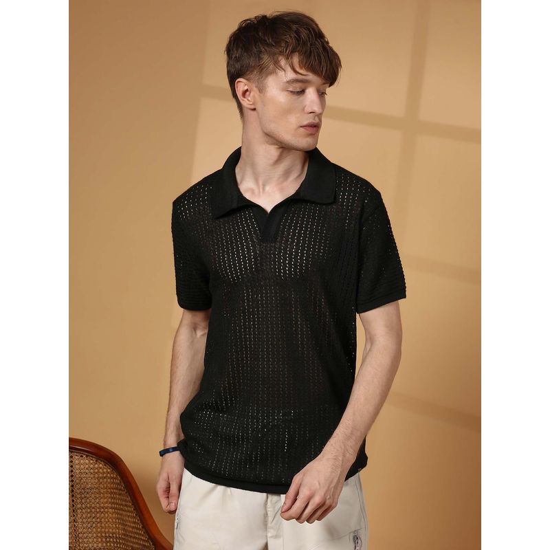 Campus Sutra Men Raven Black Textured-Knit Polo T-Shirt (XL)