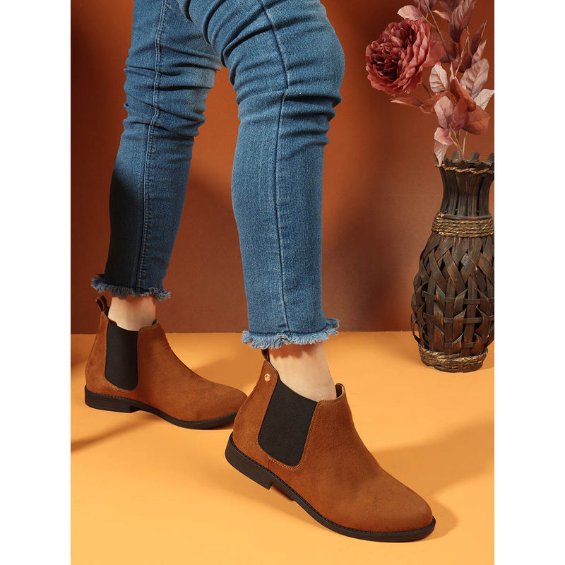 Carlton London Women Classic Tan Ankle Chelsea Boots with Elastic Gussets (EURO 38)