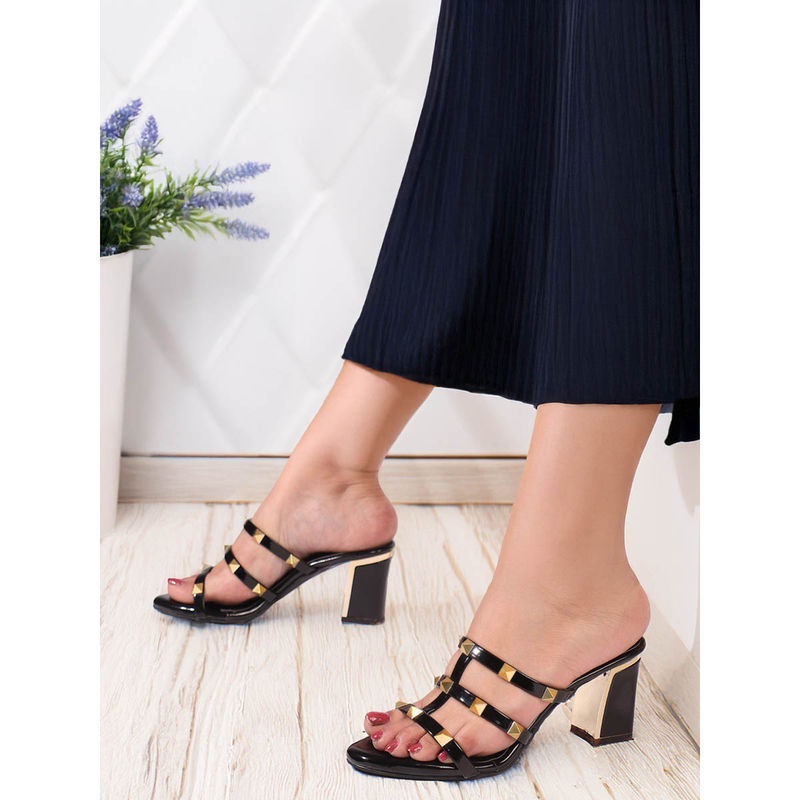 Carlton London Women Embellished Statement Studded Black Block Sandal Heels (EURO 40)