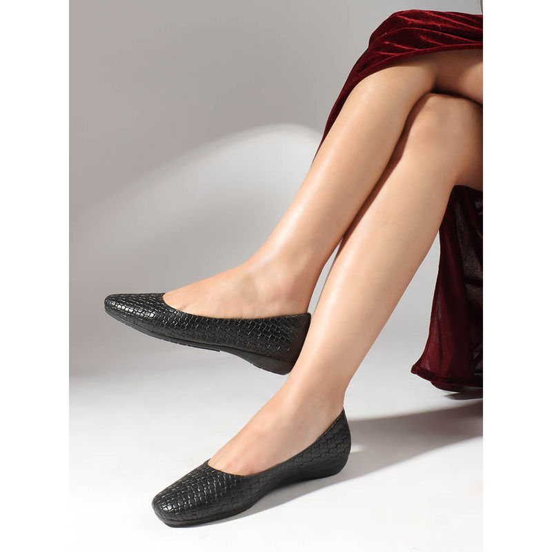 Carlton London Women Square Toe Textured Black Ballerina (EURO 36)