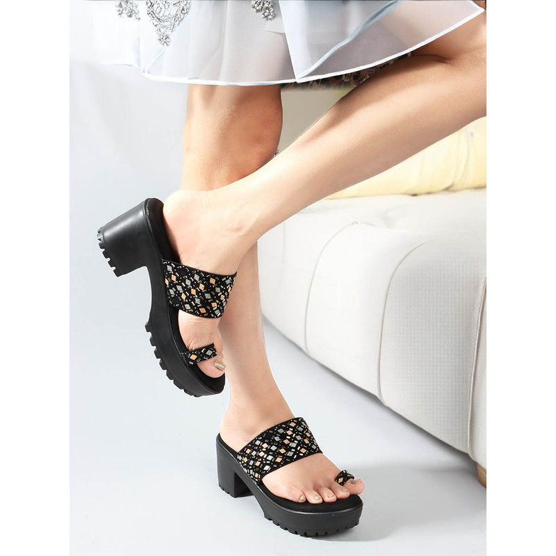 Carlton London Women Comfortable Toe-Ring Black Block Sandal Heels (EURO 36)