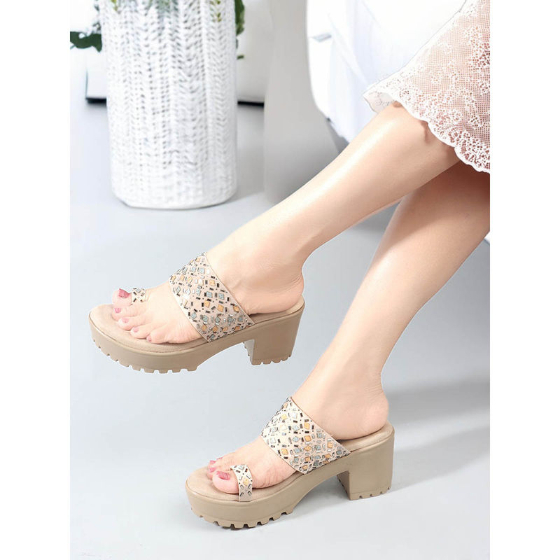 Carlton London Women Comfortable Toe-Ring Black Cream Sandal Heels (EURO 39)