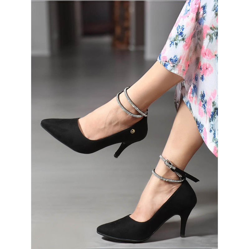 ELLE Women Elegant Black Ankle Strap Heels Classic Pointed Toe Pumps (EURO 36)
