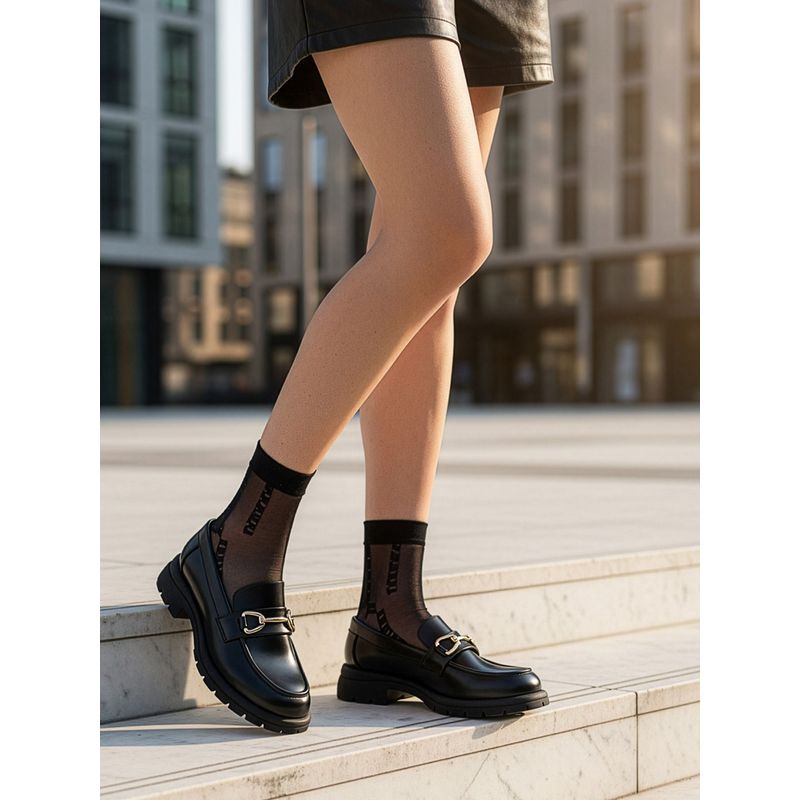 ELLE Chunky Platform Loafer with Gold-Tone Horsebit Detail - Black (EURO 36)