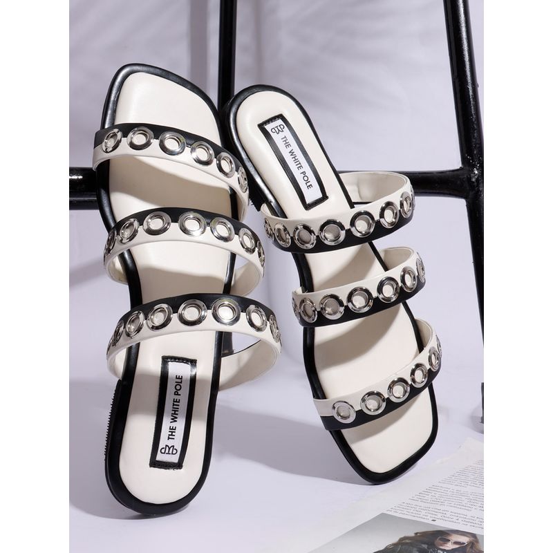 The White Pole Trendy Triple Band Ring Embellished Black Flats for Women (EURO 36)