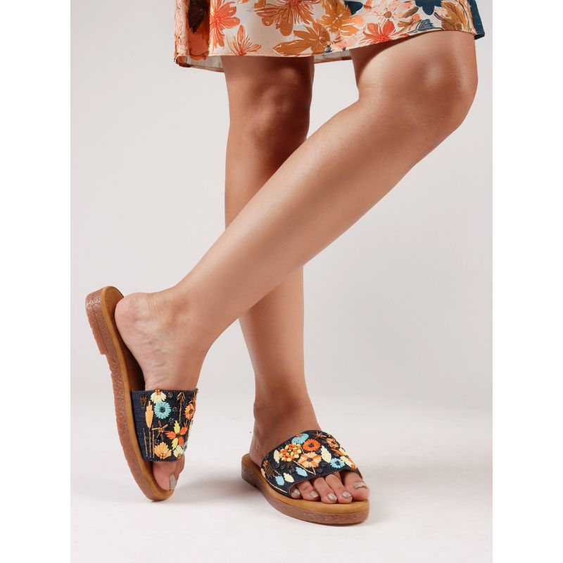 The White Pole Stylish Blue Cork Sandals with Colorful Floral Embroidery (EURO 41)