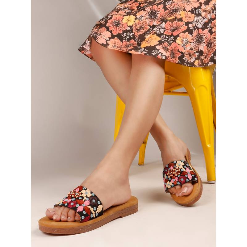 The White Pole Black Floral Embroidered Slip-On Sandals (EURO 37)
