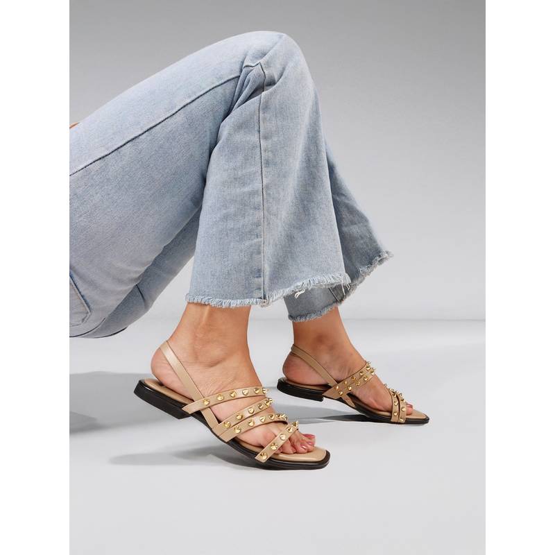 The White Pole Stylish Leather Brown Sandals with Studded Straps Effortless Elegance (EURO 36)
