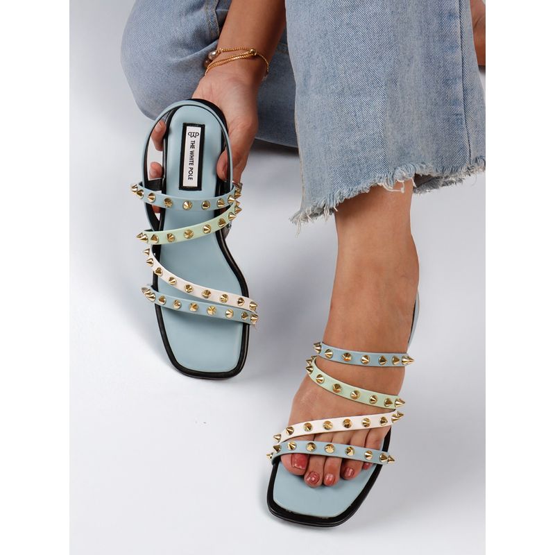 The White Pole Stylish Leather Blue Sandals with Studded Straps Effortless (EURO 39)