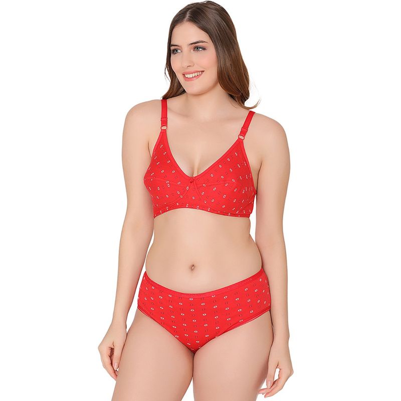 Bodycare Women Combed Cotton Printed Red Bra & Panty (Set of 2) (34B)