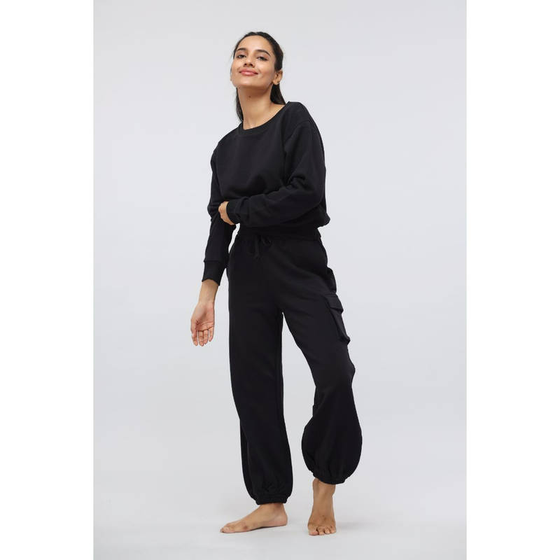 NeceSera Jet Black Terry Jogger Pants With Patch Pocket (S)