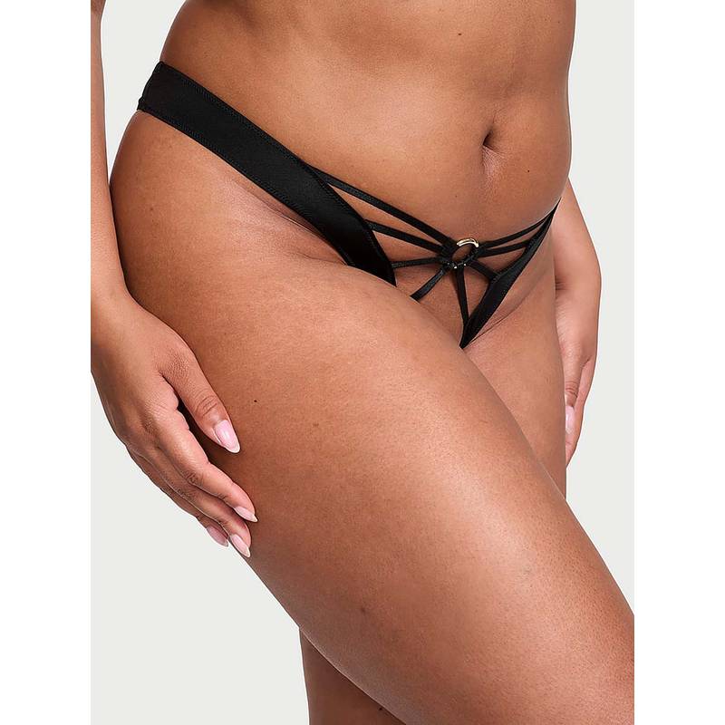 Victoria's Secret Women Black Very Sexy Strappy Hardware Crotchless Thong Panty (S)