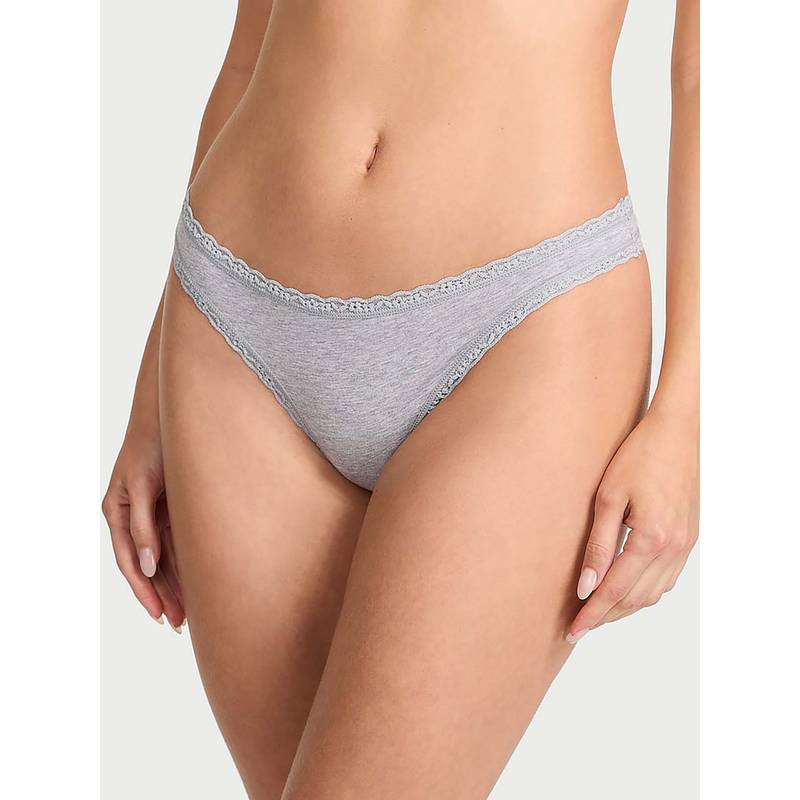 Victoria's Secret Women Grey Lace Trim Cotton Lace-Waist Thong Panty (XS)