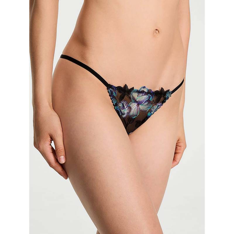 Victoria's Secret Women Black Orchid Embroidery Open-Back String Bikini (XS)