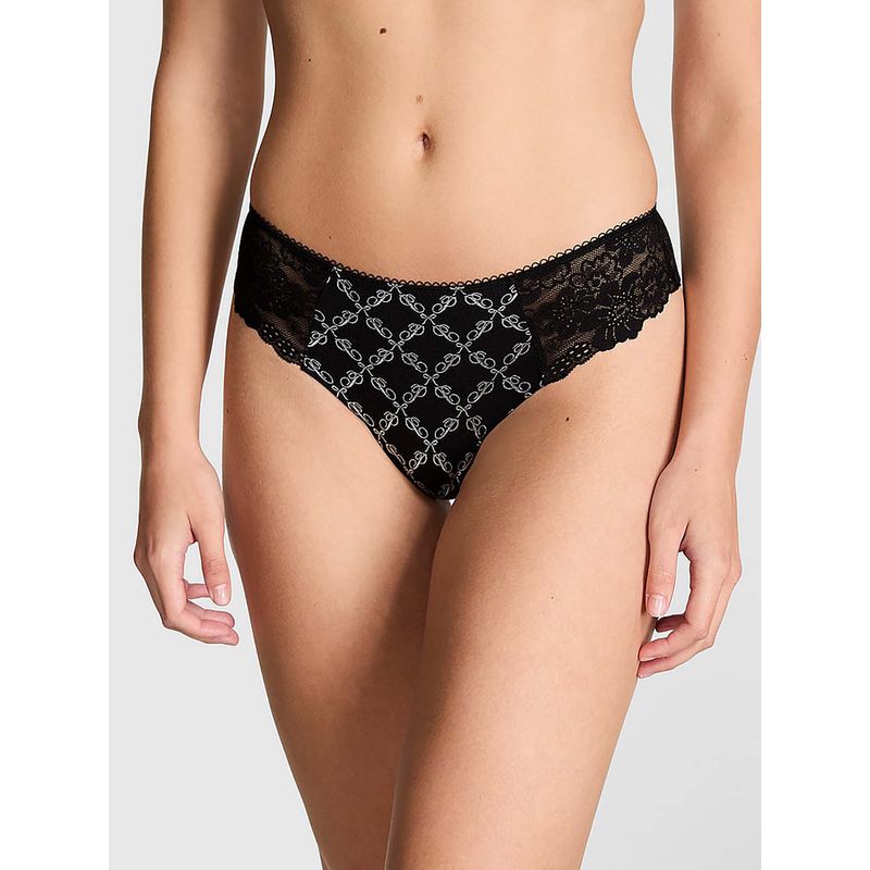 Victoria's Secret Women Black Self Design Thong Panty (XS)