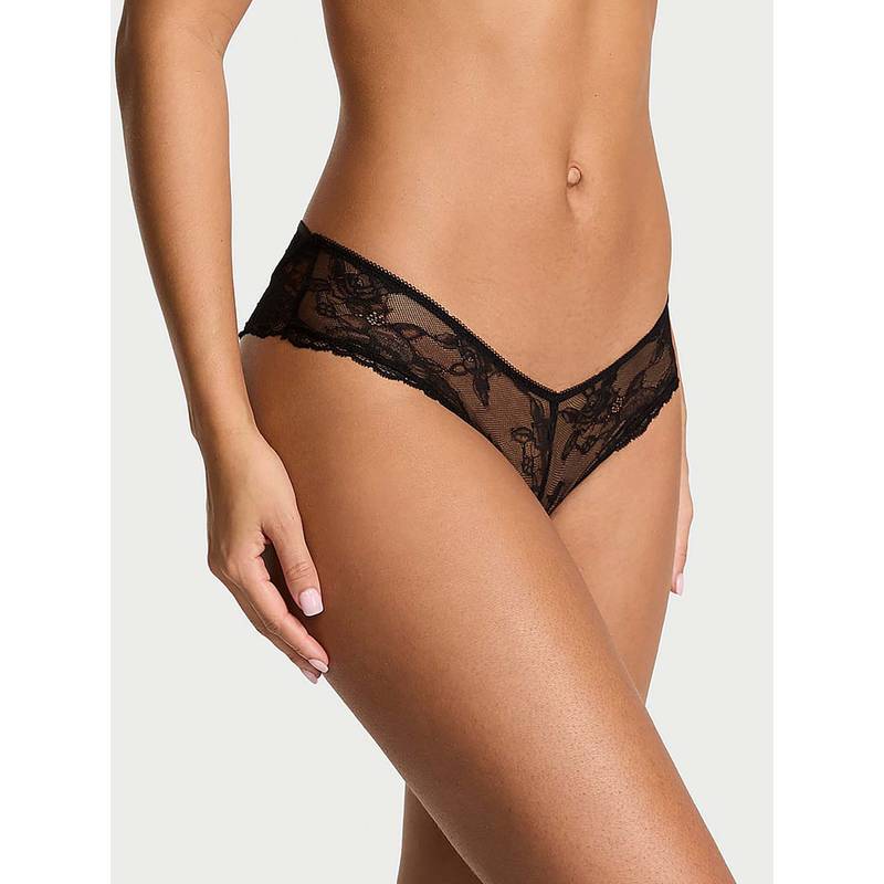 Victoria's Secret Women Black Lace Strappy Hardware Open-Gusset Thong Panty (M)