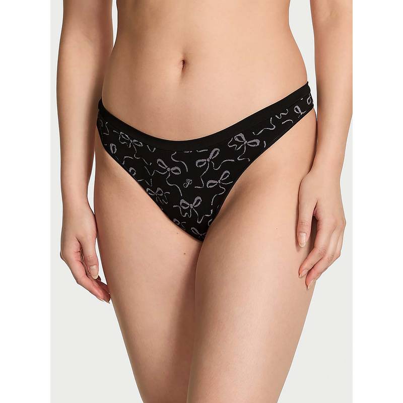Victoria's Secret Women Black Printed Seamless High-Leg Thong Panty (XS)