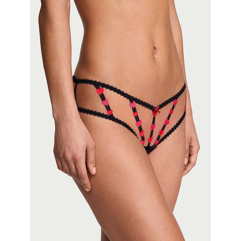 Victoria's Secret Women Black Very Sexy Strappy Heart Thong Panty (XL)