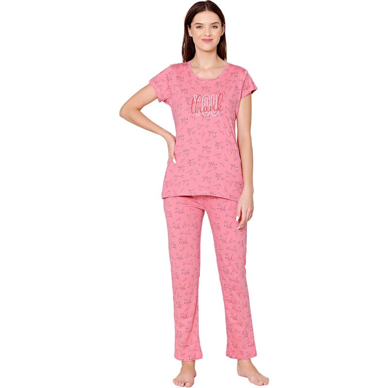 Bodycare Womens Combed Cotton Printed T-Shirt & Pyjama -BSLS12010 Pink (Set of 2) (M)