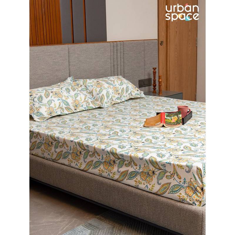 Urban Space Cotton Bedsheet with Pillow Covers - Iris Blue (Queen)