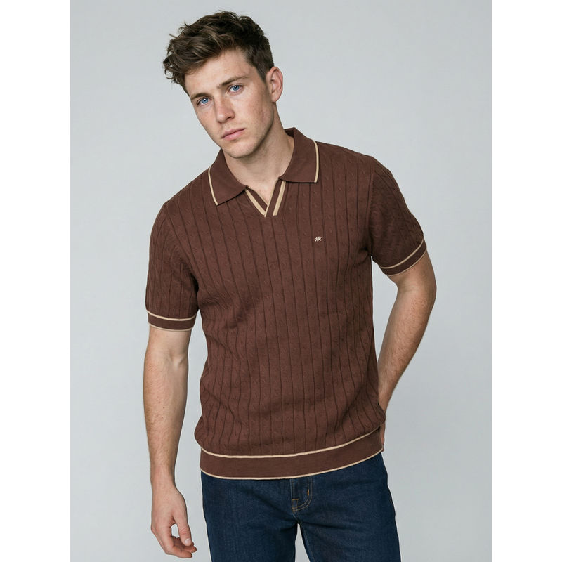 Monte Carlo Men Smart Fit Half Sleeve Self Design Polo Neck Brown Polo T-Shirt (L)