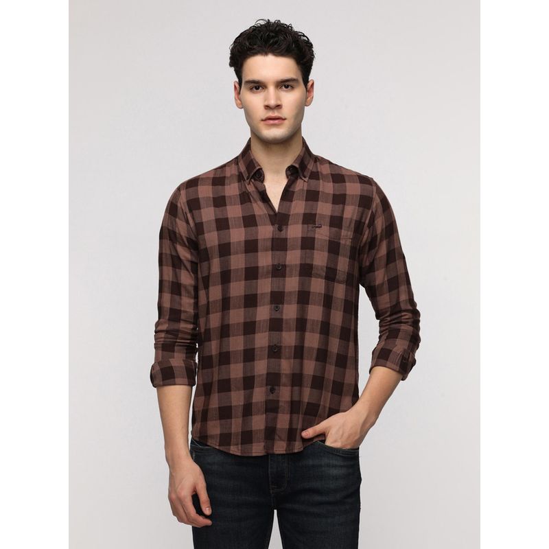 Crocodile Cork Viscose Blend Brown Checks Shirt (42)
