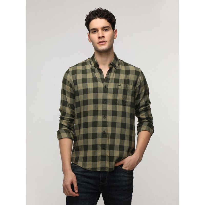 Crocodile Green Viscose Blend Checks Shirt (46)